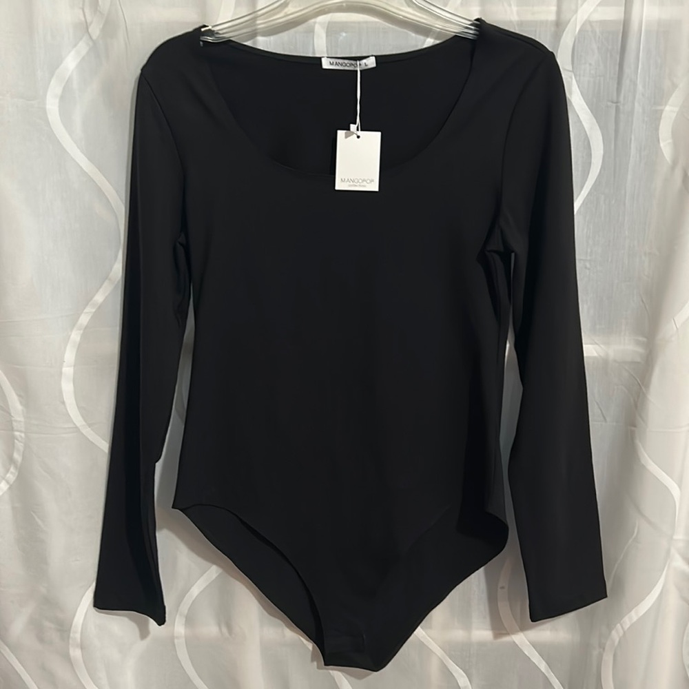 Mangopop, Black, Rounded Neck, Long Sleeve Bodysuit, Size Large